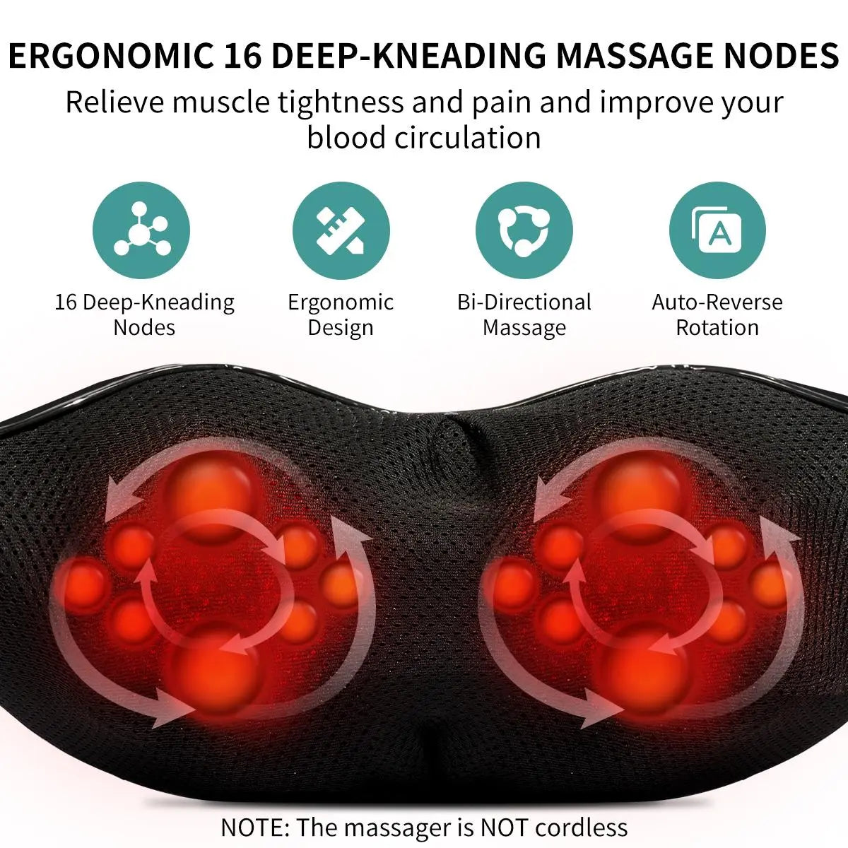 Shiatsu Neck & Back Massager with Heat, 8 Deep-Kneading Massage Nodes