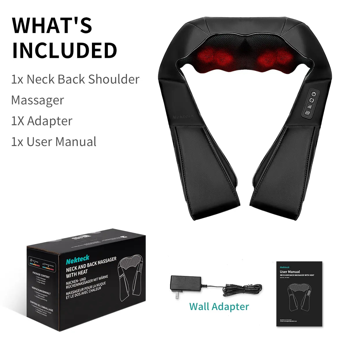 Shiatsu Neck & Back Massager with Heat, 8 Deep-Kneading Massage Nodes